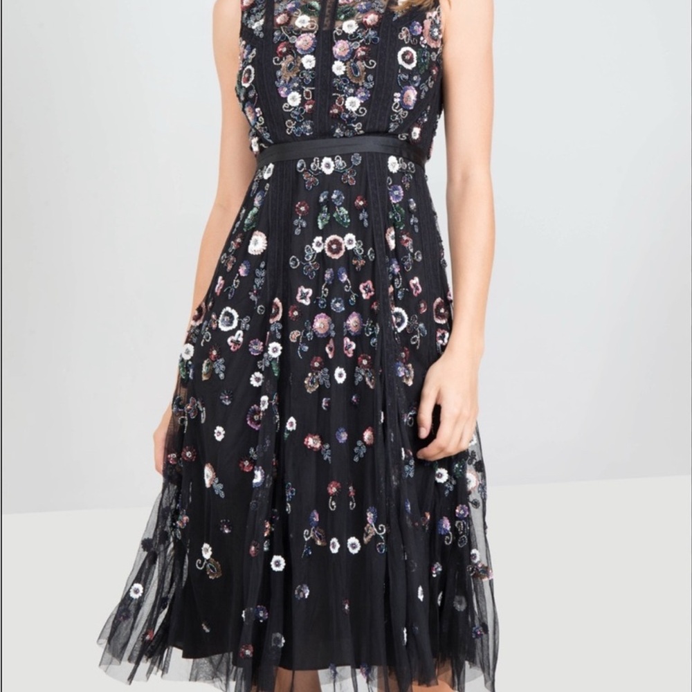 Needle & Thread Black and Pink Embellished Midi Dress